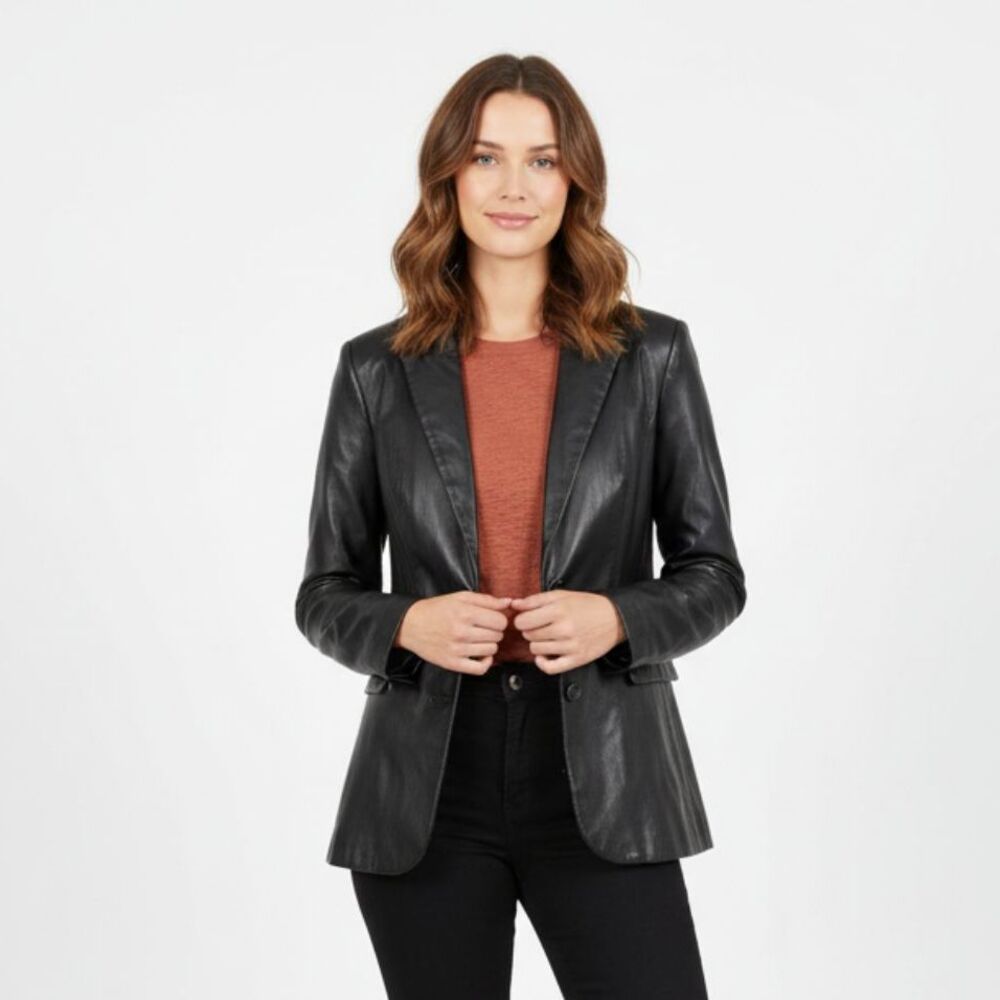 Joie Black Vegan Leather Button Up Jacket Blazer M Medium